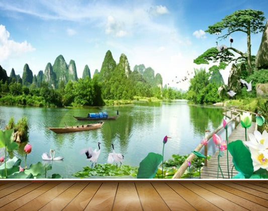 Avikalp MWZ2423 Mountains Trees Pond River Lake Water Birds Boats Flowers Bridge Duck Cranes HD Wallpaper