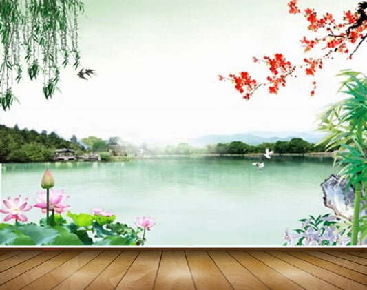 Avikalp MWZ2425 Pond River Lake Water Birds Trees Lotus Flowers House Mountains HD Wallpaper