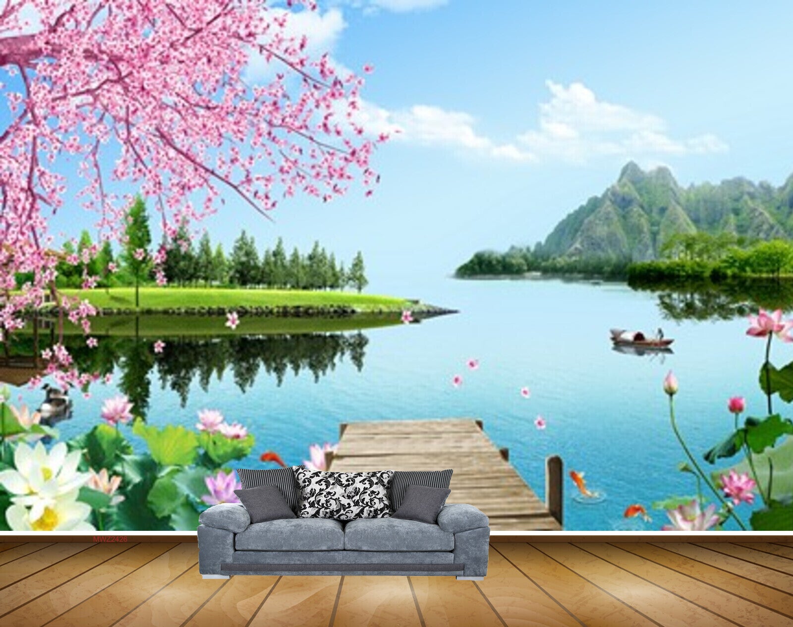 Avikalp MWZ2426 Pink Flowers Trees Pond River Lake Water Mountains Fishes Boat HD Wallpaper