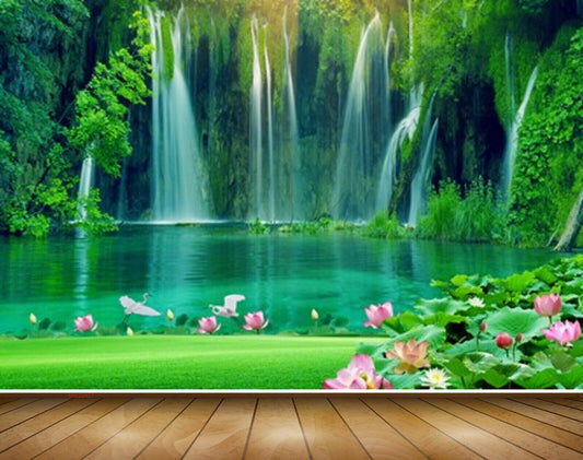 Avikalp MWZ2427 Mountains Waterfalls Pink Lotus Flowers Pond River Lake Water Grass Herons HD Wallpaper