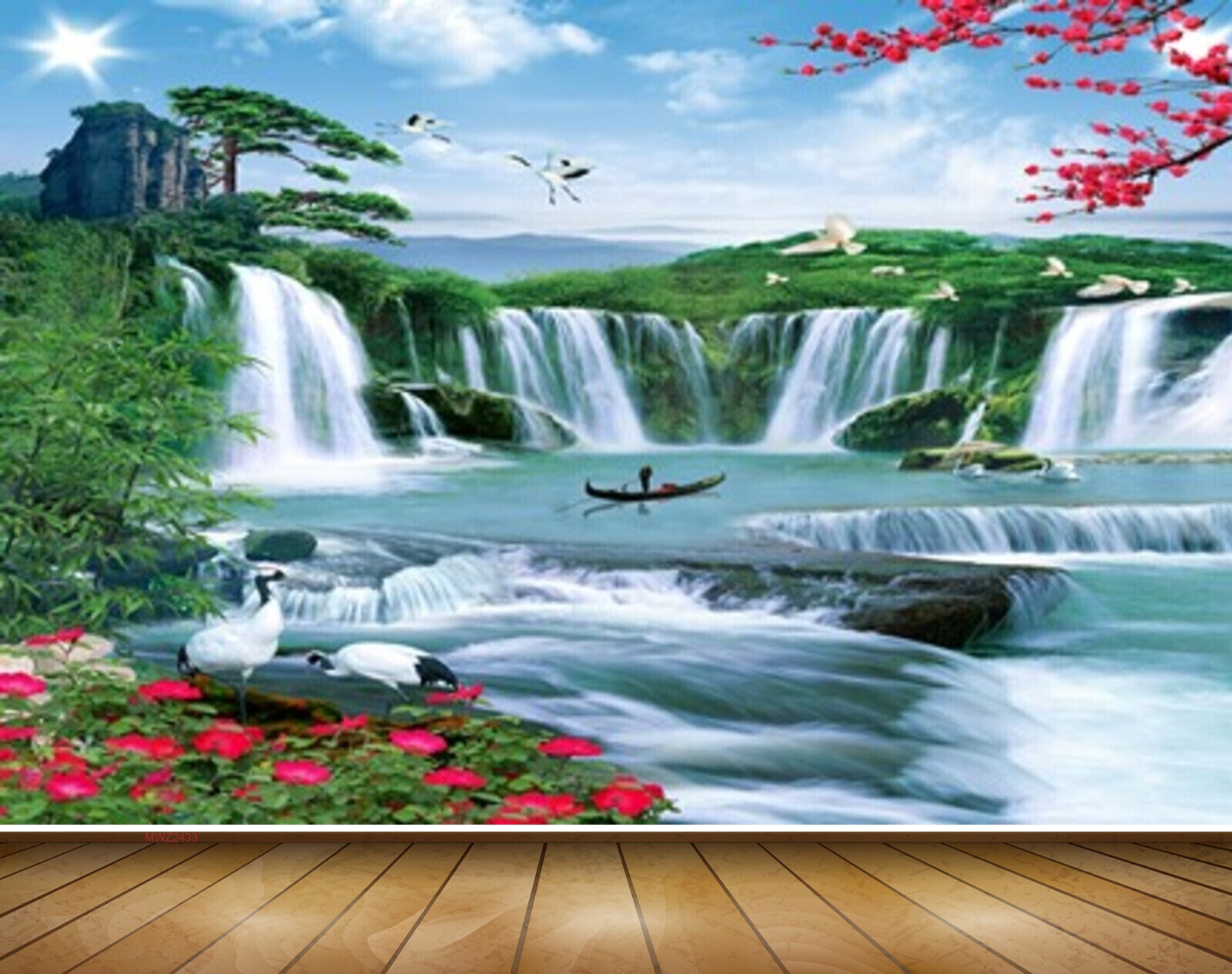 Avikalp MWZ2433 Waterfalls Birds Cranes Trees Sun Mountians Pond River Lake Water Flowers Boat Clouds HD Wallpaper