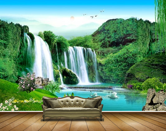 Avikalp MWZ2441 Waterfalls Trees Pond River Lake Water Swans Sunset Mountains Grass Stones Birds Flowers HD Wallpaper