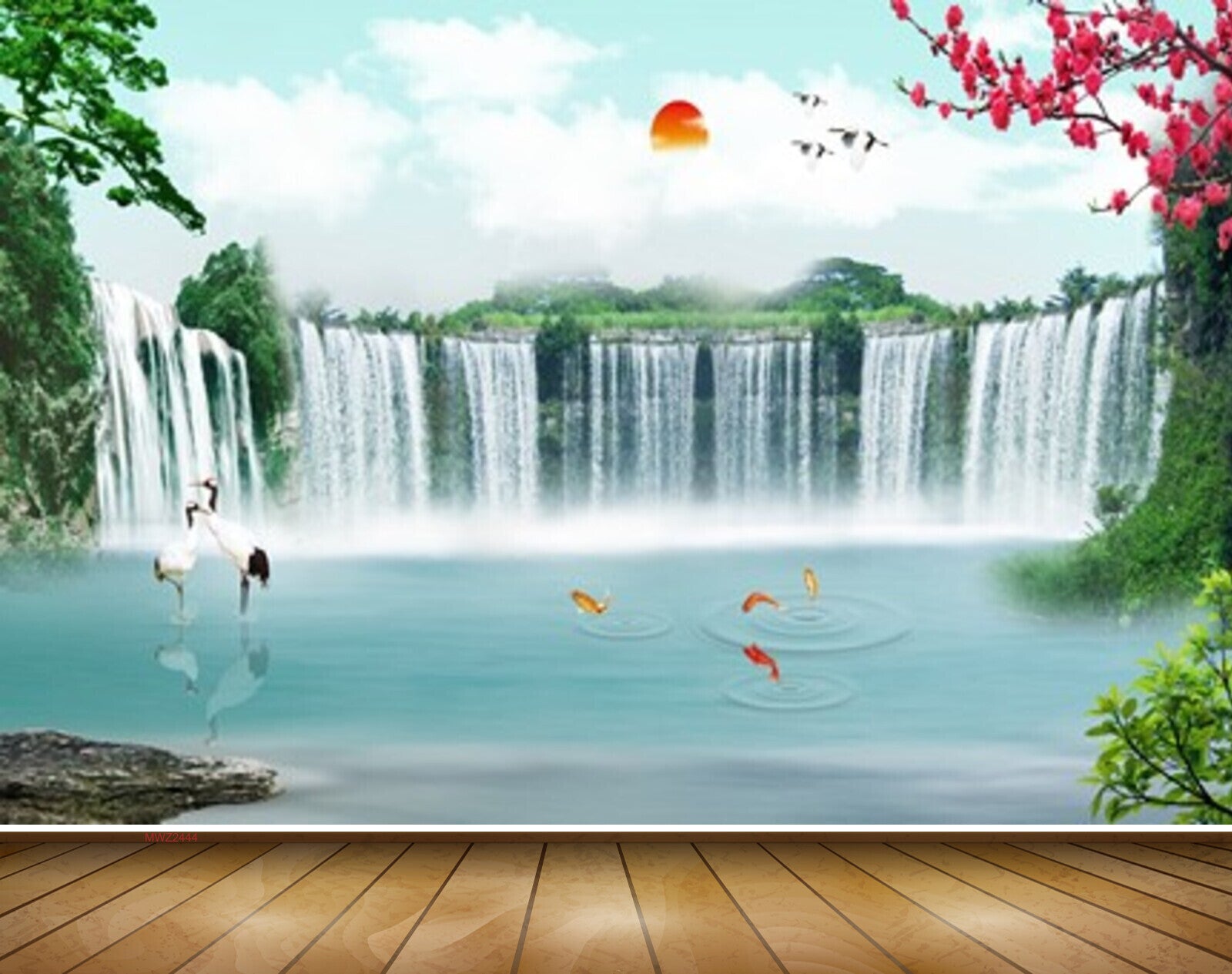 Avikalp MWZ2444 Sun Waterfalls Birds Cranes Fishes Flowers Trees Fishes CloudsPond River Lake Water HD Wallpaper