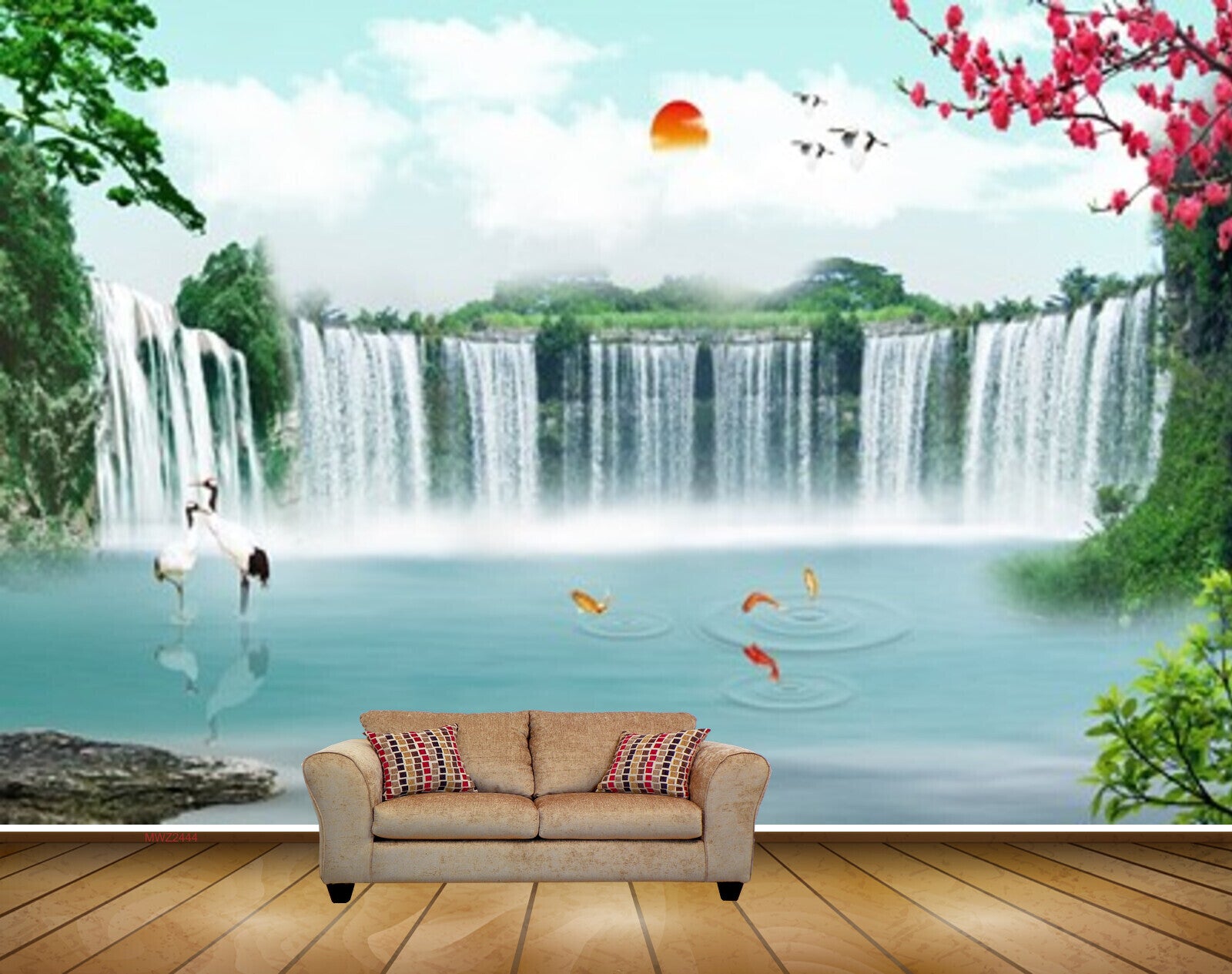 Avikalp MWZ2444 Sun Waterfalls Birds Cranes Fishes Flowers Trees Fishes CloudsPond River Lake Water HD Wallpaper