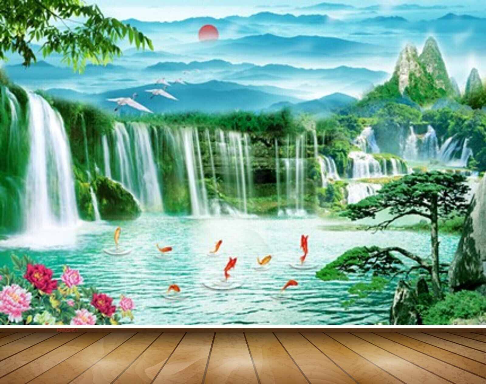 Avikalp MWZ2451 Sun Mountains Waterfalls Birds Pond River Lake Water Fishes Flowers Trees Clouds HD Wallpaper