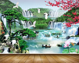 Avikalp MWZ2470 Waterfalls Pink Flowers Boat Cranes Trees Pond River Lake Water Mountains Duck HD Wallpaper