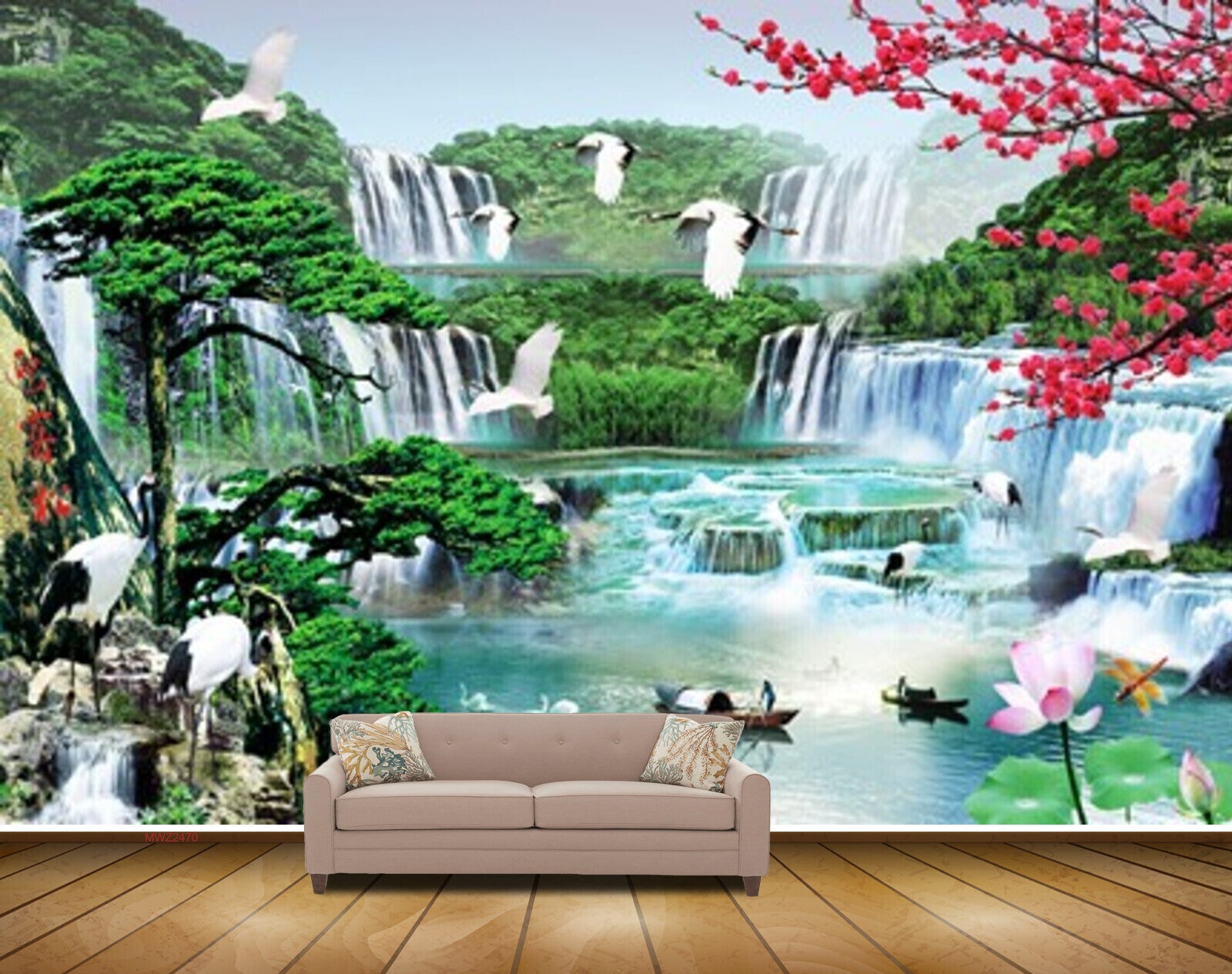 Avikalp MWZ2470 Waterfalls Pink Flowers Boat Cranes Trees Pond River Lake Water Mountains Duck HD Wallpaper