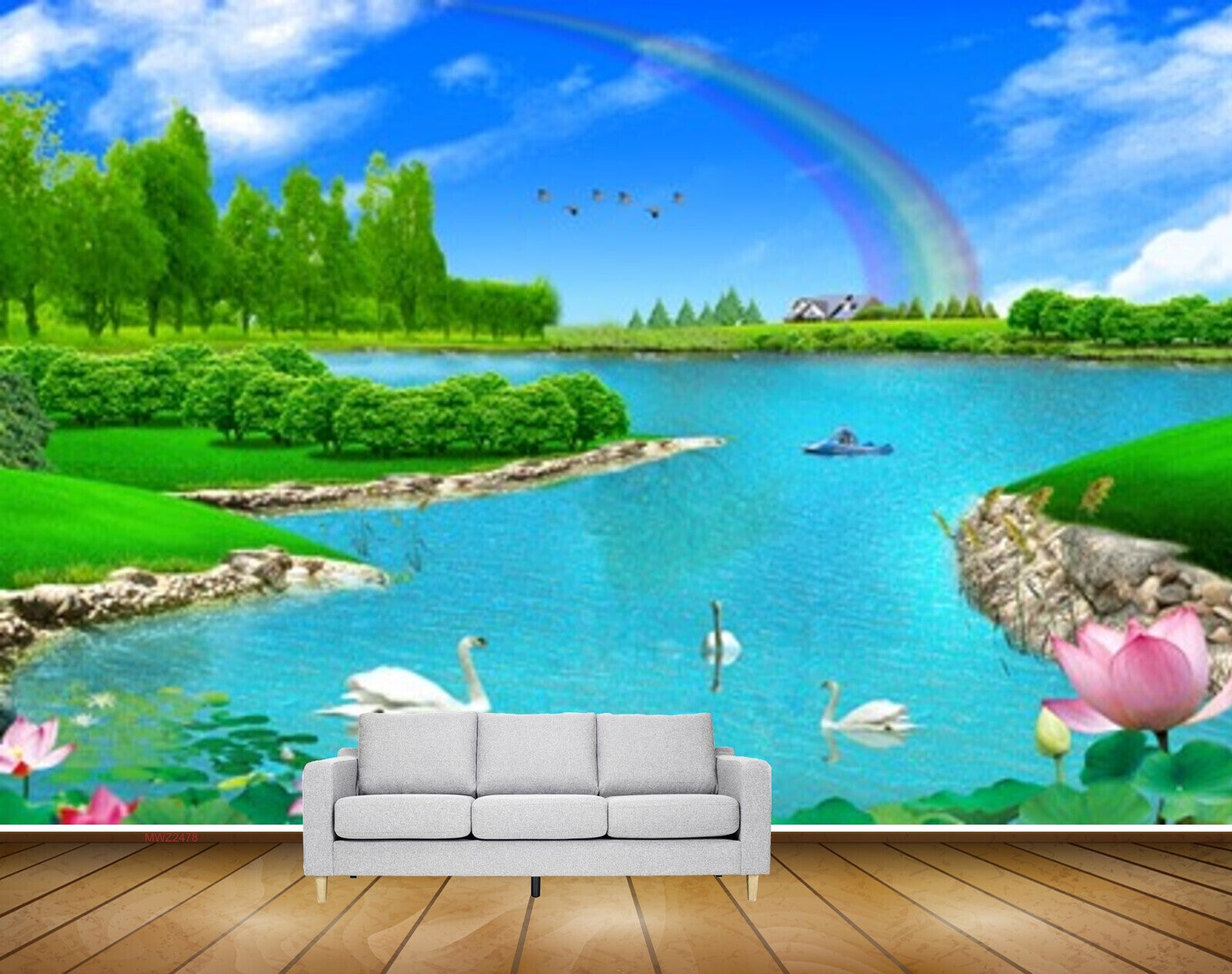 Avikalp MWZ2478 Rainbow Birds Trees Lotus Cranes Duck River Grass Clouds Boat Water Pond River Lake Water HD Wallpaper