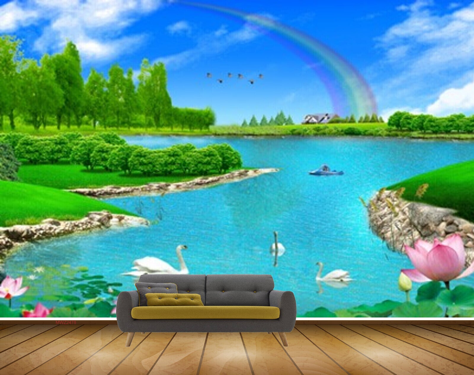 Avikalp MWZ2478 Rainbow Birds Trees Lotus Cranes Duck River Grass Clouds Boat Water Pond River Lake Water HD Wallpaper