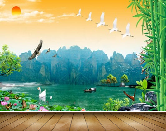 Avikalp MWZ2483 Mountains Sunset Birds Bamboo Trees Cranes Flowers Butterfly Plants Pond River Lake Water Boat HD Wallpaper