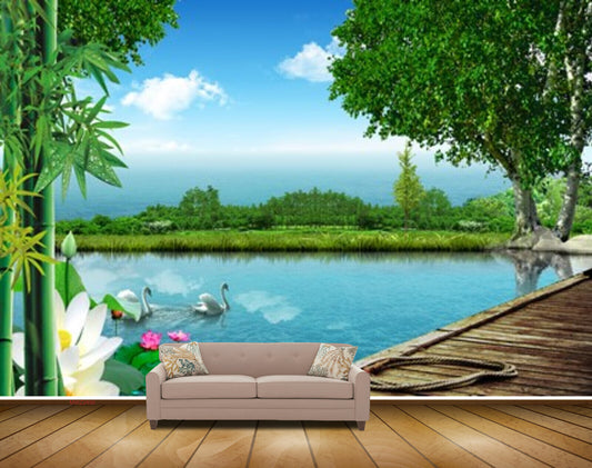 Avikalp MWZ2490 Trees Pond River Lake Water Ducks Flowers Wooden Bridge HD Wallpaper