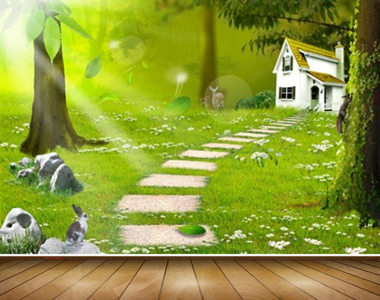 Avikalp MWZ2493 Trees House Grass Stones Rabbit Deer Leaves HD Wallpaper