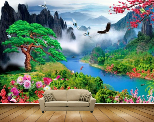 Avikalp MWZ2505 Mountains Birds Trees Flowers Pond River Lake Water Butterfly boats HD Wallpaper