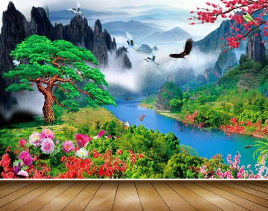 Avikalp MWZ2505 Mountains Birds Trees Flowers Pond River Lake Water Butterfly boats HD Wallpaper