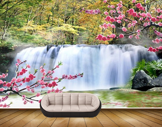 Avikalp MWZ2507 Waterfalls Trees Pink Flowers Pond River Lake Water Stones HD Wallpaper