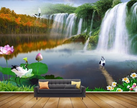 Avikalp MWZ2508 Waterfalls Birds Lotus Flowers Leaves Grass Pond River Lake Water HD Wallpaper