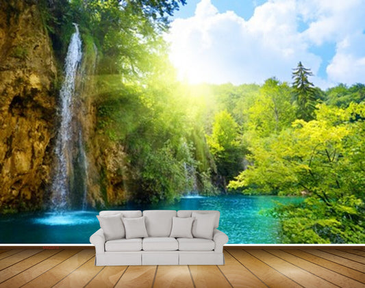 Avikalp MWZ2510 Waterfalls Trees Pond River Lake Water Clouds Sunlight HD Wallpaper