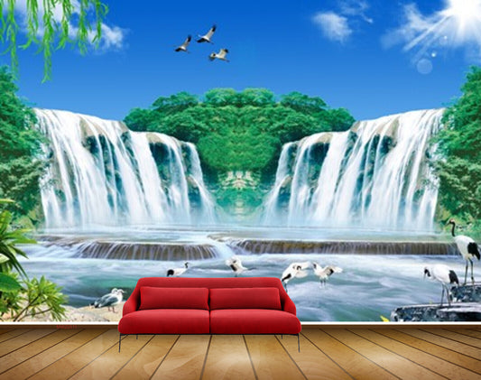 Avikalp MWZ2511 Waterfalls Trees Sun Cranes Birds Pond River Lake Water Leaves HD Wallpaper