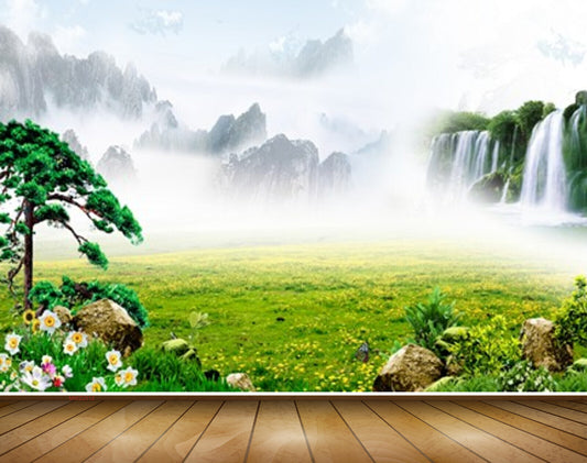 Avikalp MWZ2512 Waterfalls Trees Grass Flowers Birds Mountains Clouds Stones HD Wallpaper