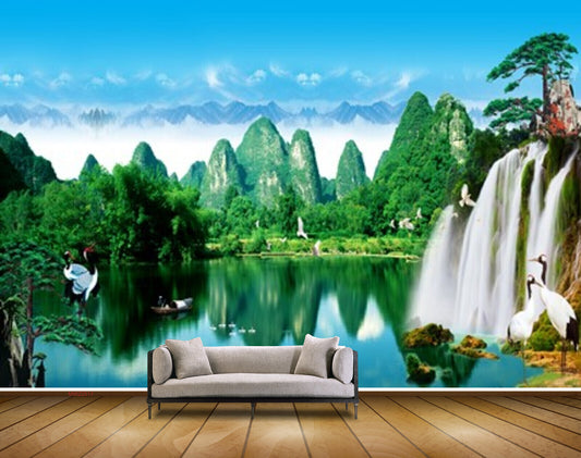 Avikalp MWZ2517 Waterfalls Trees Cranes Pond River Lake Water Mountains Clouds HD Wallpaper