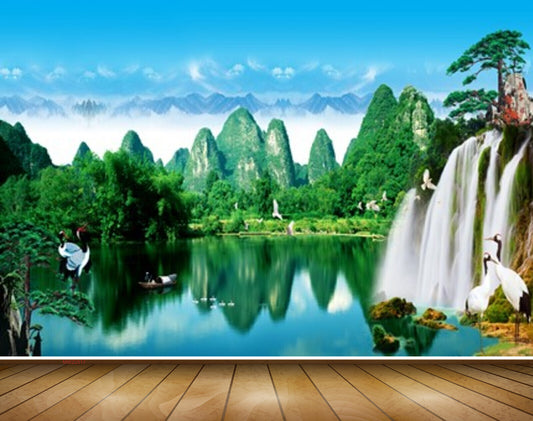 Avikalp MWZ2517 Waterfalls Trees Cranes Pond River Lake Water Mountains Clouds HD Wallpaper