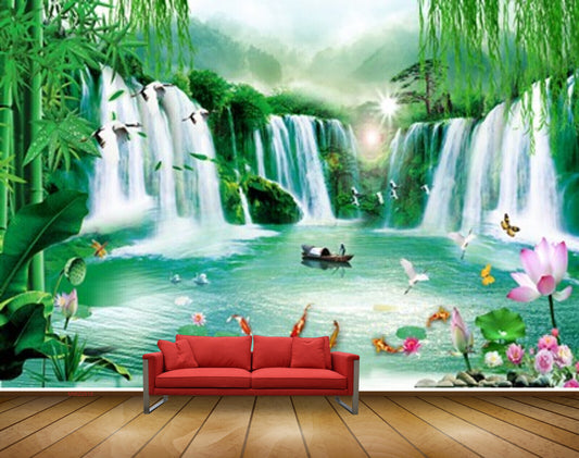 Avikalp MWZ2518 Sun Clouds Waterfalls Fishes Birds Lotus Flower Butterflies Boat Bamboo trees Pond River Lake Water HD Wallpaper