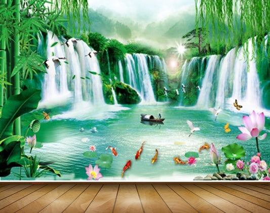 Avikalp MWZ2518 Sun Clouds Waterfalls Fishes Birds Lotus Flower Butterflies Boat Bamboo trees Pond River Lake Water HD Wallpaper