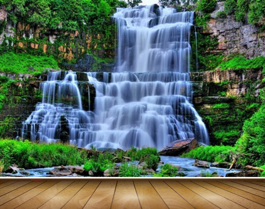 Avikalp MWZ2527 Waterfalls Trees Stones Grass Pond River Lake Water HD Wallpaper