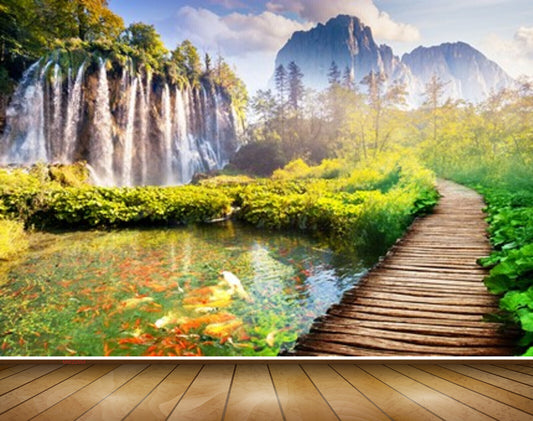 Avikalp MWZ2554 Waterfalls Trees Wooden Mountains Pond River Lake Water Fishes Plants HD Wallpaper