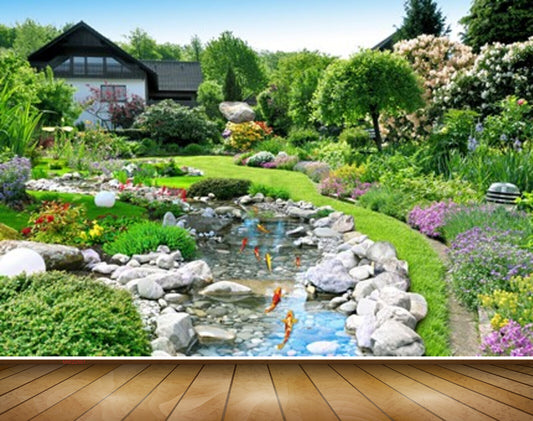 Avikalp MWZ2561 Trees House Flowers Fishes Stones Pond River Lake Water Grass Garden HD Wallpaper