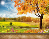 Avikalp MWZ2565 Orange Leaves Trees Flowers Sun Clouds Grass River Pond Water HD Wallpaper