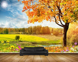 Avikalp MWZ2565 Orange Leaves Trees Flowers Sun Clouds Grass River Pond Water HD Wallpaper