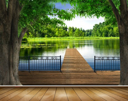 Avikalp MWZ2571 Trees River Wooden Bridge Lake Grass Leaves HD Wallpaper