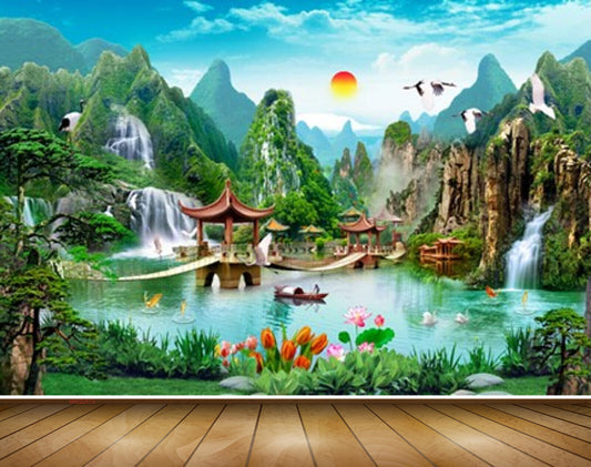 Avikalp MWZ2573 Sun Birds Waterfalls Mountains River Flowers Bridge Trees Cranes Grass Plants HD Wallpaper