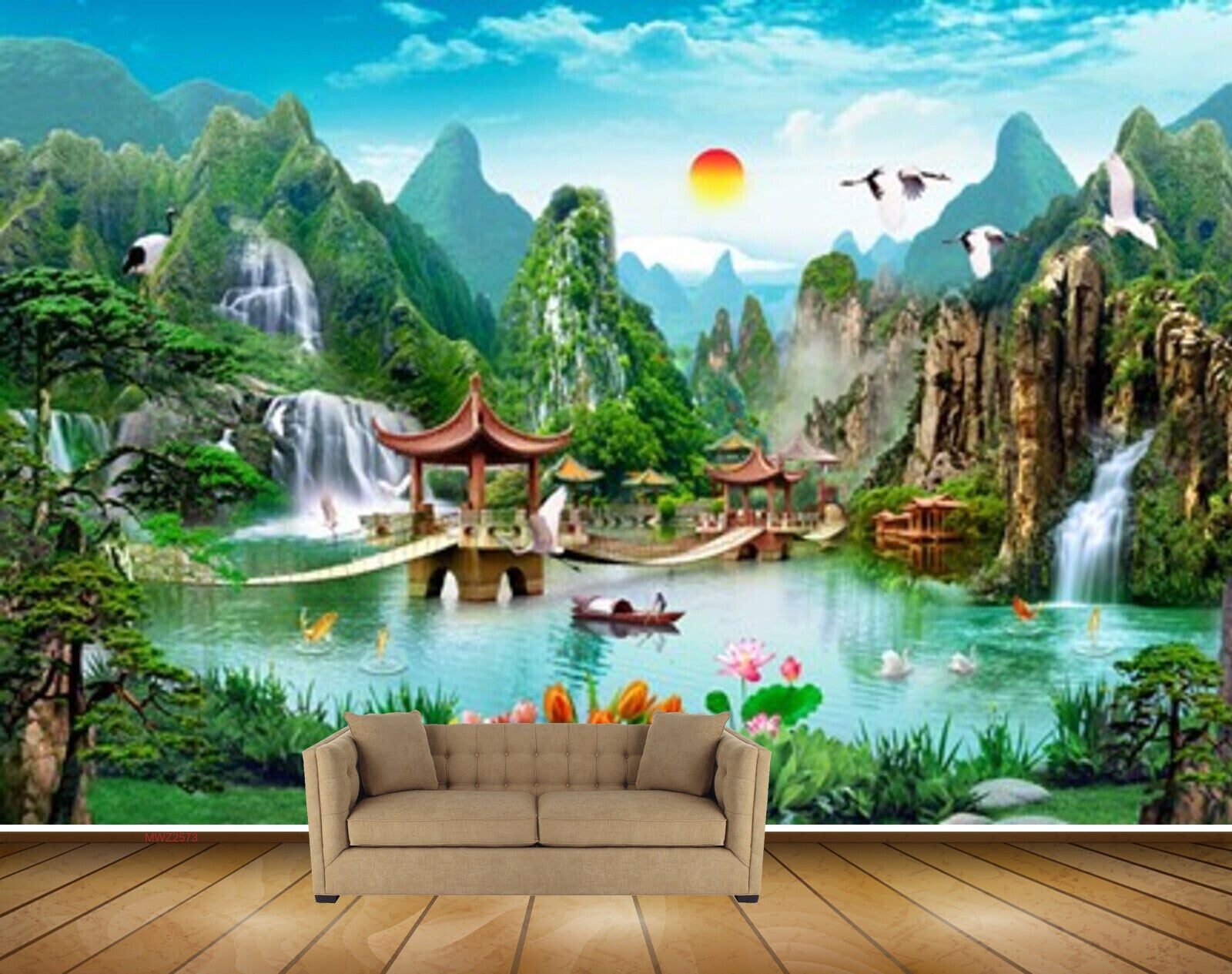 Avikalp MWZ2573 Sun Birds Waterfalls Mountains River Flowers Bridge Trees Cranes Grass Plants HD Wallpaper