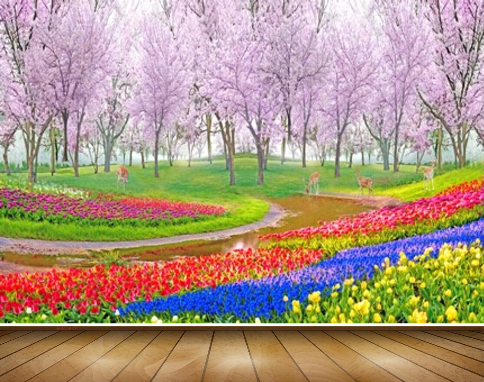 Avikalp MWZ2574 Purple Red Pink Flowers Trees Deers Garden HD Wallpaper