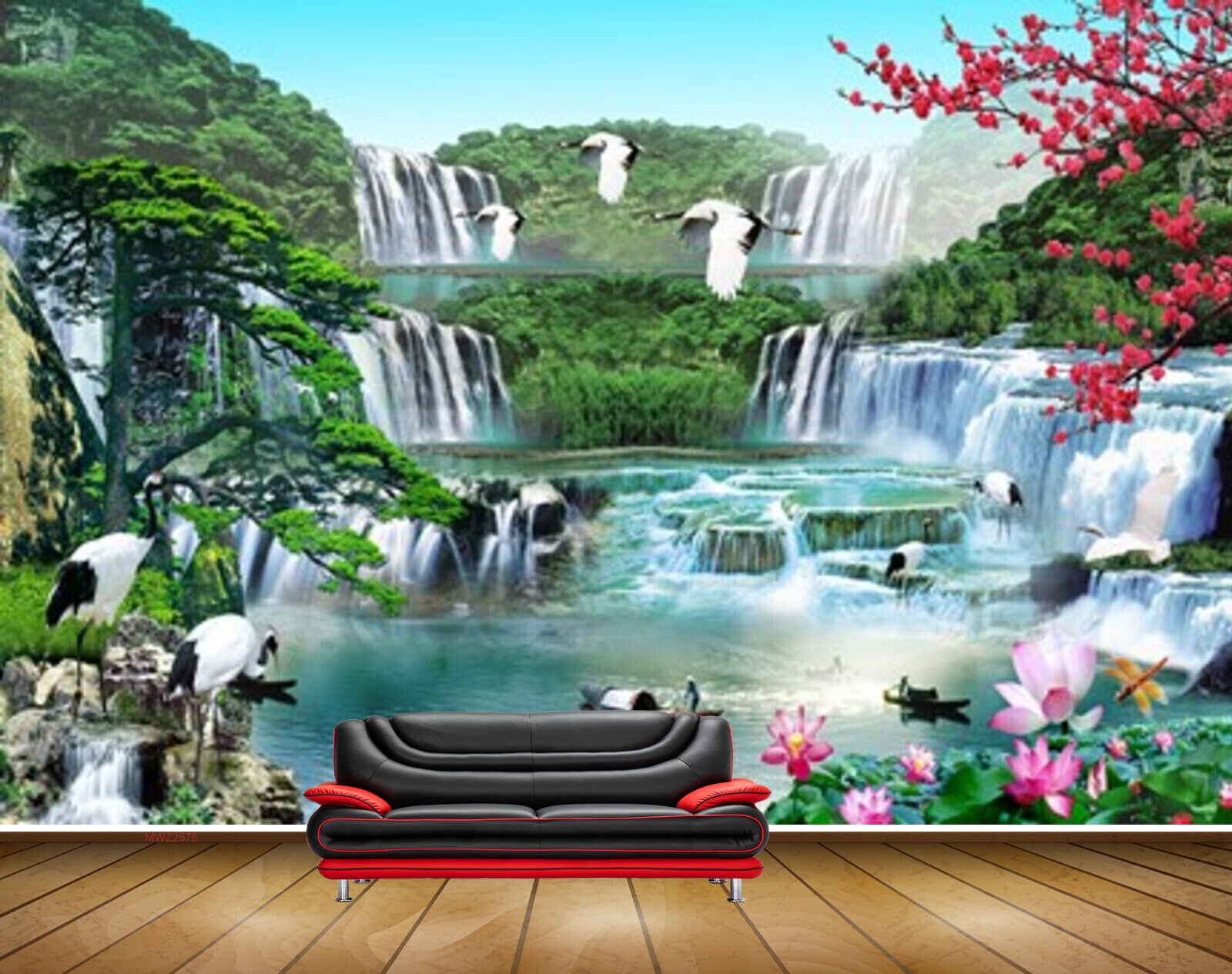 Avikalp MWZ2575 Waterfalls Birds Flowers Cranes Pond River Water Trees Plants Boat HD Wallpaper