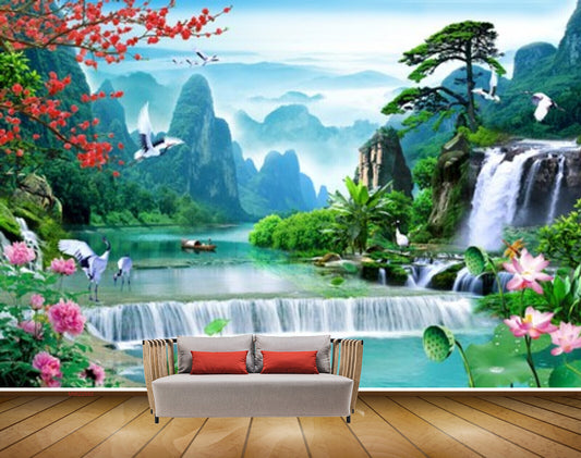 Avikalp MWZ2582 Mountains Waterfalls Flowers Cranes Boat Plants Clouds River Pond Leaves HD Wallpaper