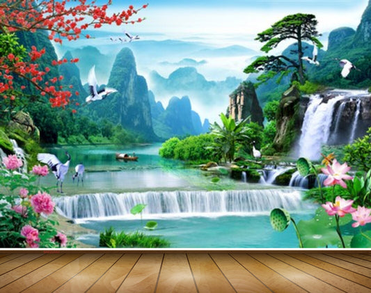 Avikalp MWZ2582 Mountains Waterfalls Flowers Cranes Boat Plants Clouds River Pond Leaves HD Wallpaper