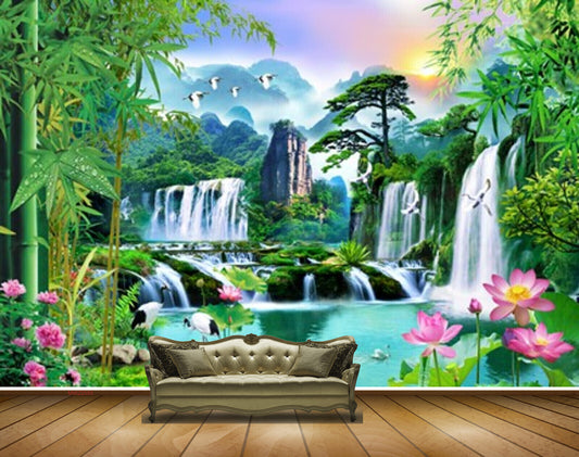 Avikalp MWZ2585 Waterfalls Sun Birds Pink Flowers Cranes Bamboo Trees River Pond Water Mountains Plants Stones Duck HD Wallpaper