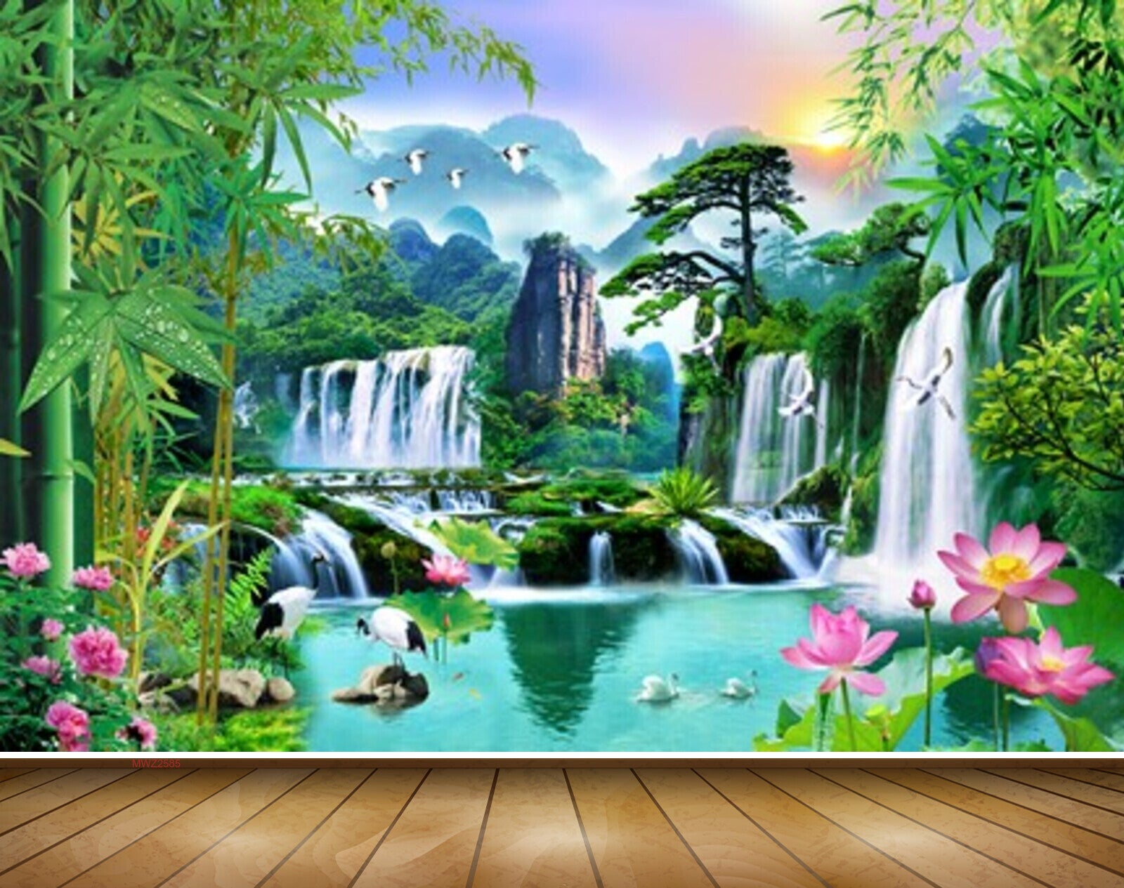 Avikalp MWZ2585 Waterfalls Sun Birds Pink Flowers Cranes Bamboo Trees River Pond Water Mountains Plants Stones Duck HD Wallpaper