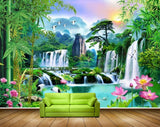 Avikalp MWZ2585 Waterfalls Sun Birds Pink Flowers Cranes Bamboo Trees River Pond Water Mountains Plants Stones Duck HD Wallpaper