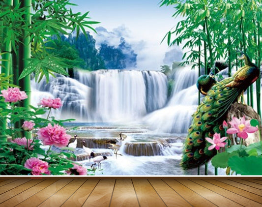 Avikalp MWZ2586 Waterfalls River Pond Bamboo Trees Pink Flowers Cranes Water Plants Mountains HD Wallpaper