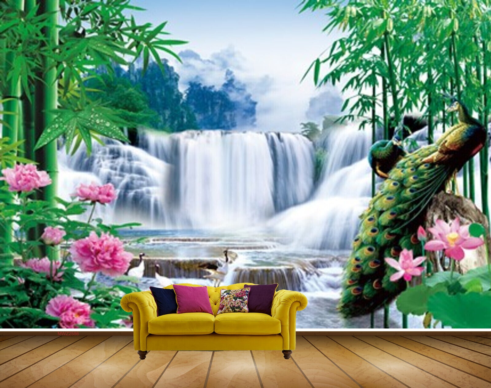 Avikalp MWZ2586 Waterfalls River Pond Bamboo Trees Pink Flowers Cranes Water Plants Mountains HD Wallpaper