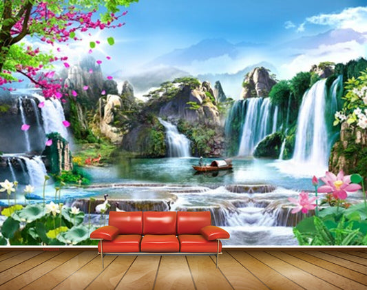 Avikalp MWZ2589 Mountains Waterfalls Pink Flowers Trees Cranes Boat Plants Clouds Pond River HD Wallpaper