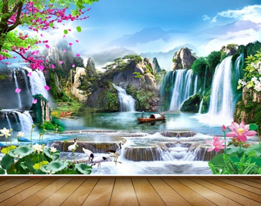 Avikalp MWZ2589 Mountains Waterfalls Pink Flowers Trees Cranes Boat Plants Clouds Pond River HD Wallpaper