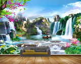 Avikalp MWZ2589 Mountains Waterfalls Pink Flowers Trees Cranes Boat Plants Clouds Pond River HD Wallpaper