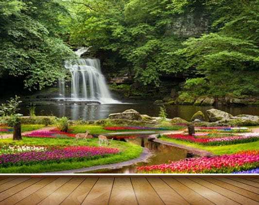 Avikalp MWZ2590 Waterfalls Trees Flowers Deers Grass Garden Pond River Stones HD Wallpaper