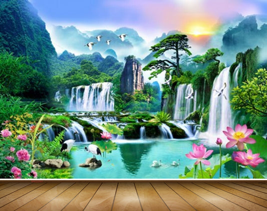 Avikalp MWZ2591 Waterfalls Sun Birds Pink Flowers Cranes Bamboo Trees River Pond Water Mountains Plants Stones Duck HD Wallpaper