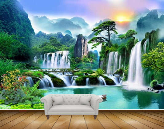 Avikalp MWZ2592 Sun Mountains Waterfalls Flowers River Pond Water Trees Plants Boat Duck HD Wallpaper